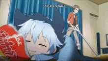 a cartoon character is laying on the floor with a bag of potato chips