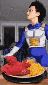 a man in a superhero costume is standing next to a plate of food with the word production on it