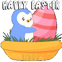 a penguin is hugging an easter egg in a basket with the words happy easter written above it