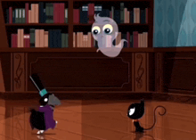 a cartoon of a crow and a cat talking to a ghost in a library