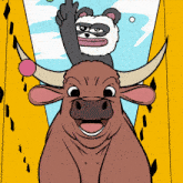 a panda is riding on the back of a bull and giving the middle finger