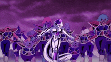 a group of people in purple uniforms are standing around a purple cartoon character