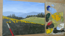a painting of a field of yellow flowers is being made in animatica