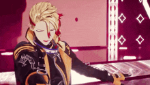 a cartoon character with blonde hair and red ribbons on his hair