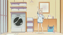 a cartoon of a girl in a laundry room
