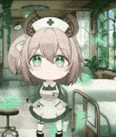 a little nurse with horns is standing in a hospital room next to a bed .