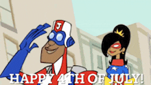 a happy 4th of july cartoon with a superhero and a woman