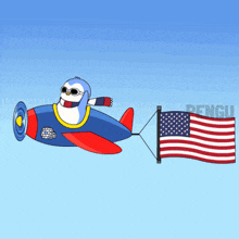 a cartoon penguin is flying a blue airplane with an american flag attached to it