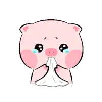 a cartoon pig is crying and blowing his nose with a tissue