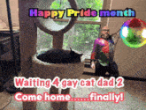 a happy pride month greeting card with a man holding a rainbow ball and a cat on a cat tree