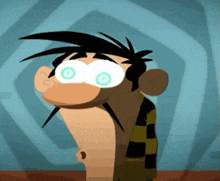 a cartoon character with green eyes and a mustache is standing in front of a blue background