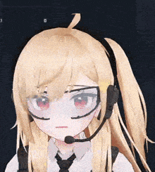 a blonde anime girl wearing a microphone and glasses