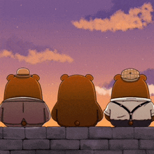 three cartoon bears are sitting on a brick wall looking at the sky