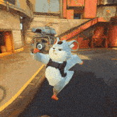 a cartoon hamster is jumping in the air with a camera on its back
