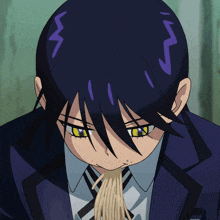 a close up of a person eating noodles with purple hair and yellow eyes