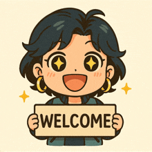 a cartoon character is holding a sign that says welcomes