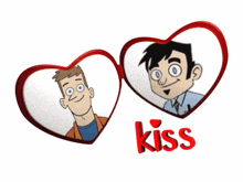 two cartoon men in heart shaped frames with the word kiss underneath