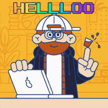 a cartoon of a man with a laptop and the words helloo on the bottom