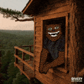 a cartoon of a leopard looking out of a window with the words sfuzzy on the bottom