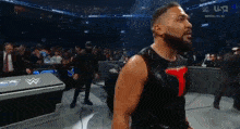 a man with a beard is standing in front of a crowd on a wrestling ring .
