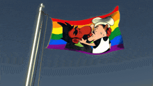 a rainbow flag with a cartoon of two men kissing on it