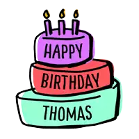 a birthday cake with three candles and the name thomas on it