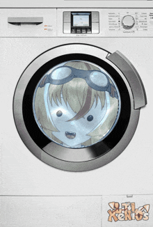 a washing machine with a picture of a girl in the door