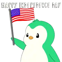 a cartoon penguin is holding an american flag with the words happy independence day below it