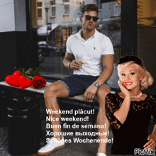 a picture of a man sitting on a bench next to a woman with the caption weekend placut nice weekend buen fin de semana