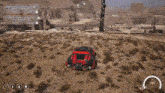 a car is driving through a desert in a video game with a speedometer showing 109 mph .