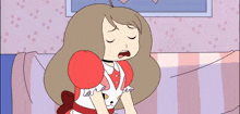 a girl in a red and white dress is yawning on a couch