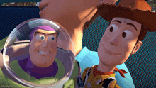 buzz lightyear and woody from toy story are smiling
