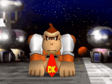 donkey kong is wearing a red tie with the dk logo on it