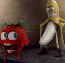 a cartoon strawberry and a banana are standing next to each other on a sidewalk