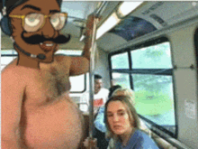 a shirtless man with glasses and a mustache is holding a pole on a bus