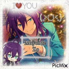 a picture of a boy with purple hair and a sign that says i love you mayoi de zo