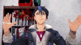a video game character is standing in front of a bookshelf with a viggle.ai watermark