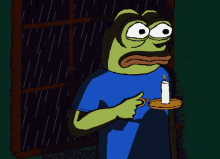 a cartoon of a frog holding a candle looking out a window at a man