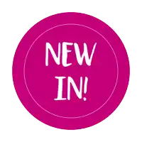 a pink circle with the words new in in white letters