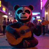 a teddy bear wearing a day of the dead mask playing a guitar