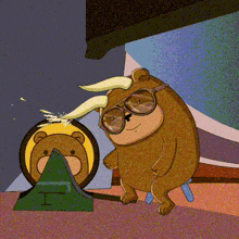 a cartoon bear with horns and glasses is standing next to another bear