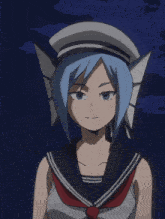 a girl with blue hair is wearing a sailor uniform and saluting