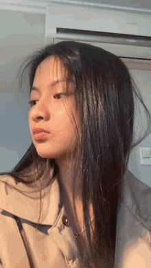 a close up of a young woman 's face with long hair .