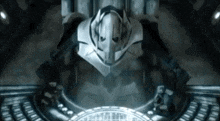 a robot is sitting in a dark room with a circle in the middle of it .