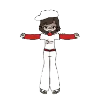 a drawing of a person wearing a red and white shirt that says yuen