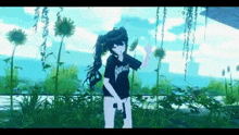 a girl is holding a gun in a video game while wearing a shirt that says metallica