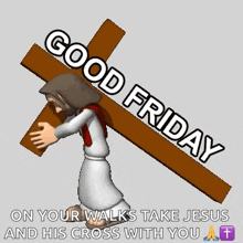 a cartoon of jesus carrying a cross with the words `` on your walks take jesus and his cross with you ''