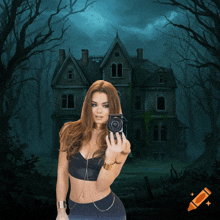 a woman taking a picture of a haunted house