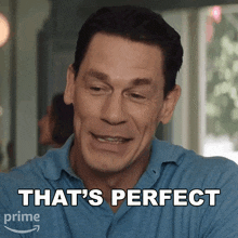 a man in a blue shirt says that 's perfect in front of an amazon prime logo