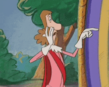 a cartoon character in a pink cape is pointing to something